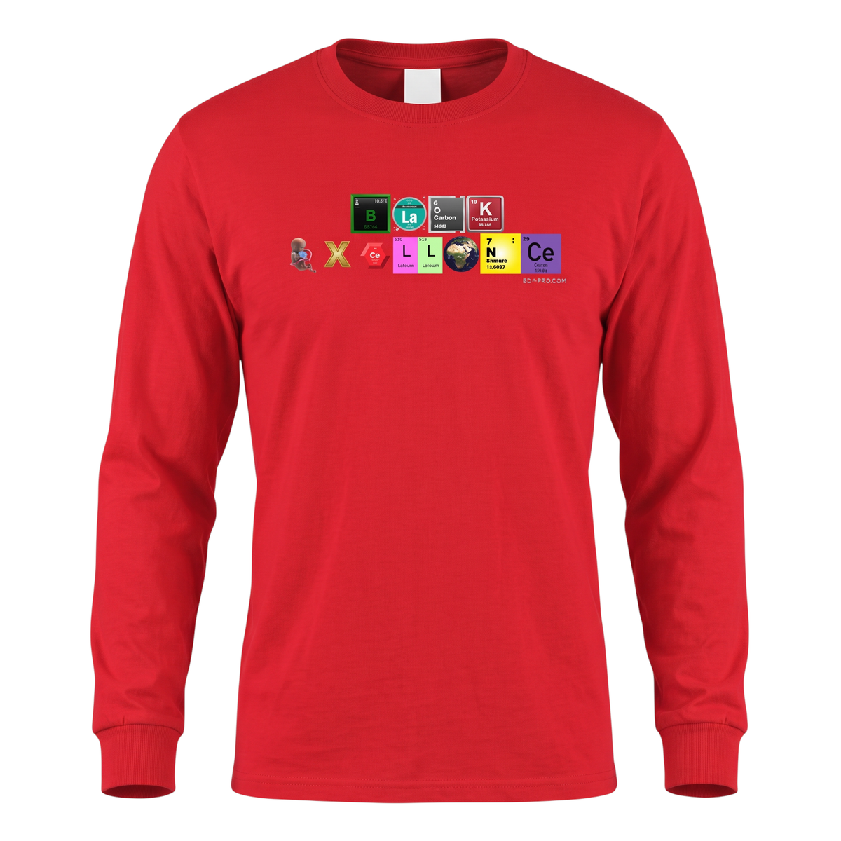 Big Daddy Allen Productions red long sleeve shirt featuring a periodic table graphic spelling Black Excellence