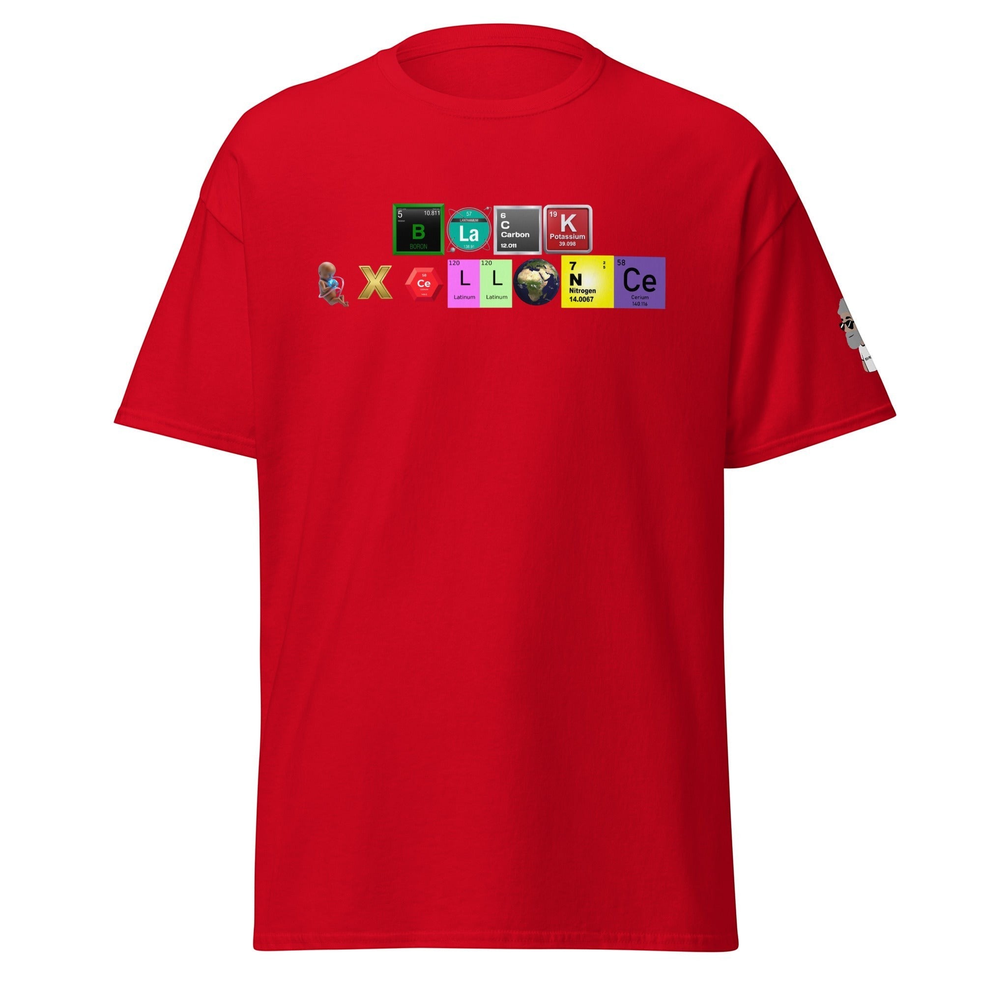 Big Daddy Allen Productions red graphic tee featuring a periodic table design spelling Black Excellence with chemical symbols