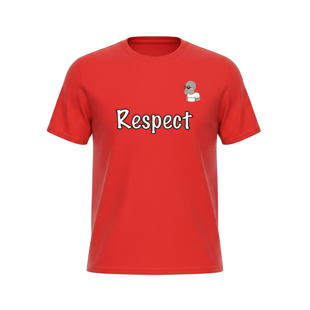 Big Daddy Allen Productions red cotton t-shirt with "Respect" graphic and cartoon character. Short sleeves, crew neck.