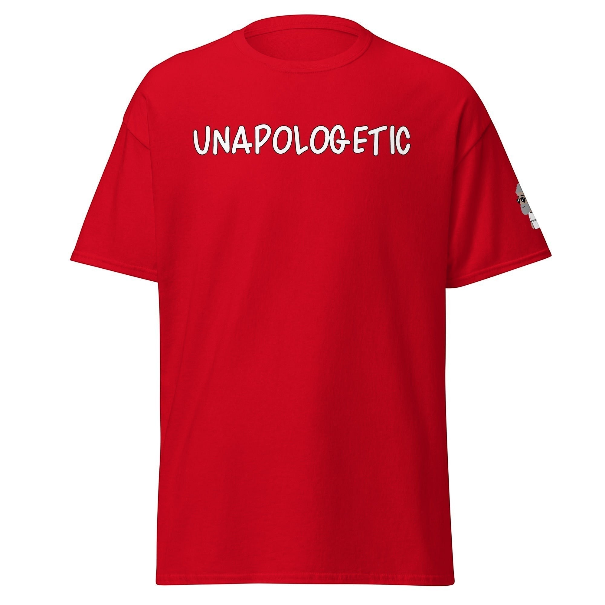 Big Daddy Allen Productions red graphic t-shirt with UNAPOLOGETIC printed in white on the chest and sleeve detail.