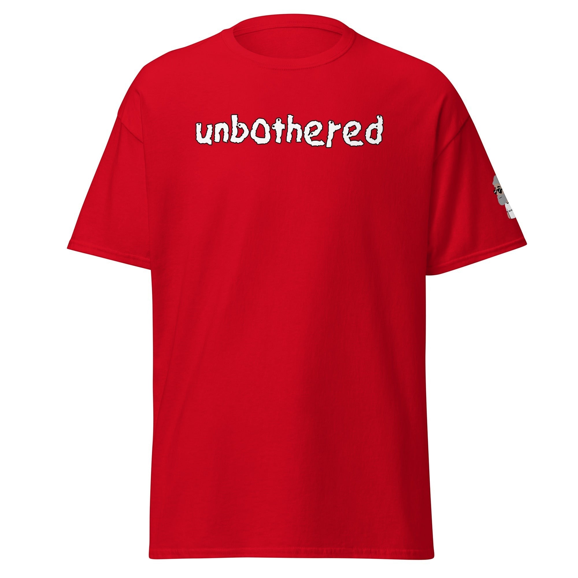 Big Daddy Allen Productions red graphic t-shirt with white textured unbothered text on the chest