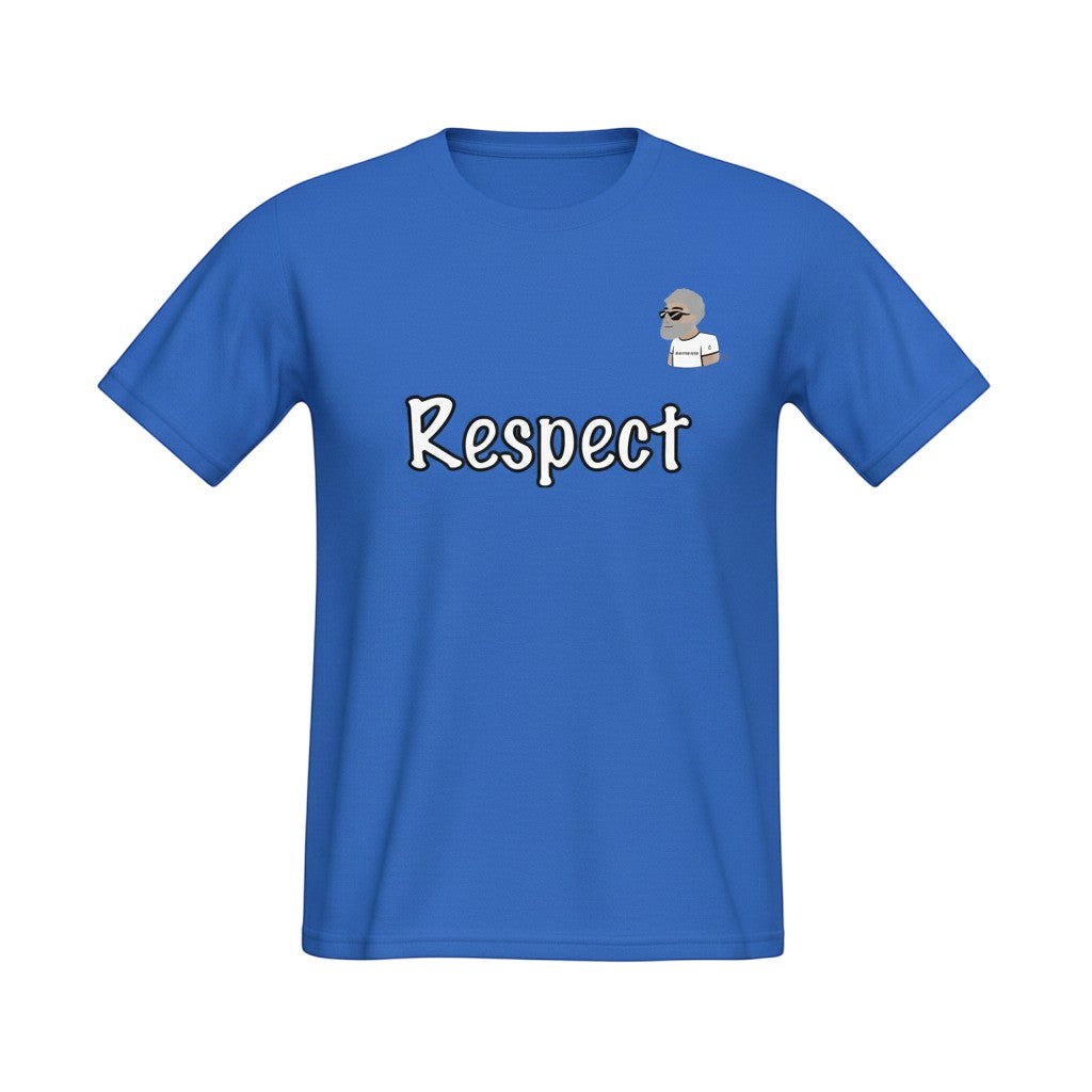 Big Daddy Allen Productions blue cotton graphic t-shirt with "Respect" text and BDA logo on chest.