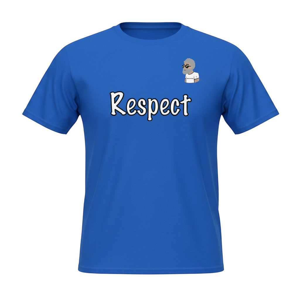Big Daddy Allen Productions blue 100% cotton unisex graphic t-shirt with "Respect" text and  the BDA logo.
