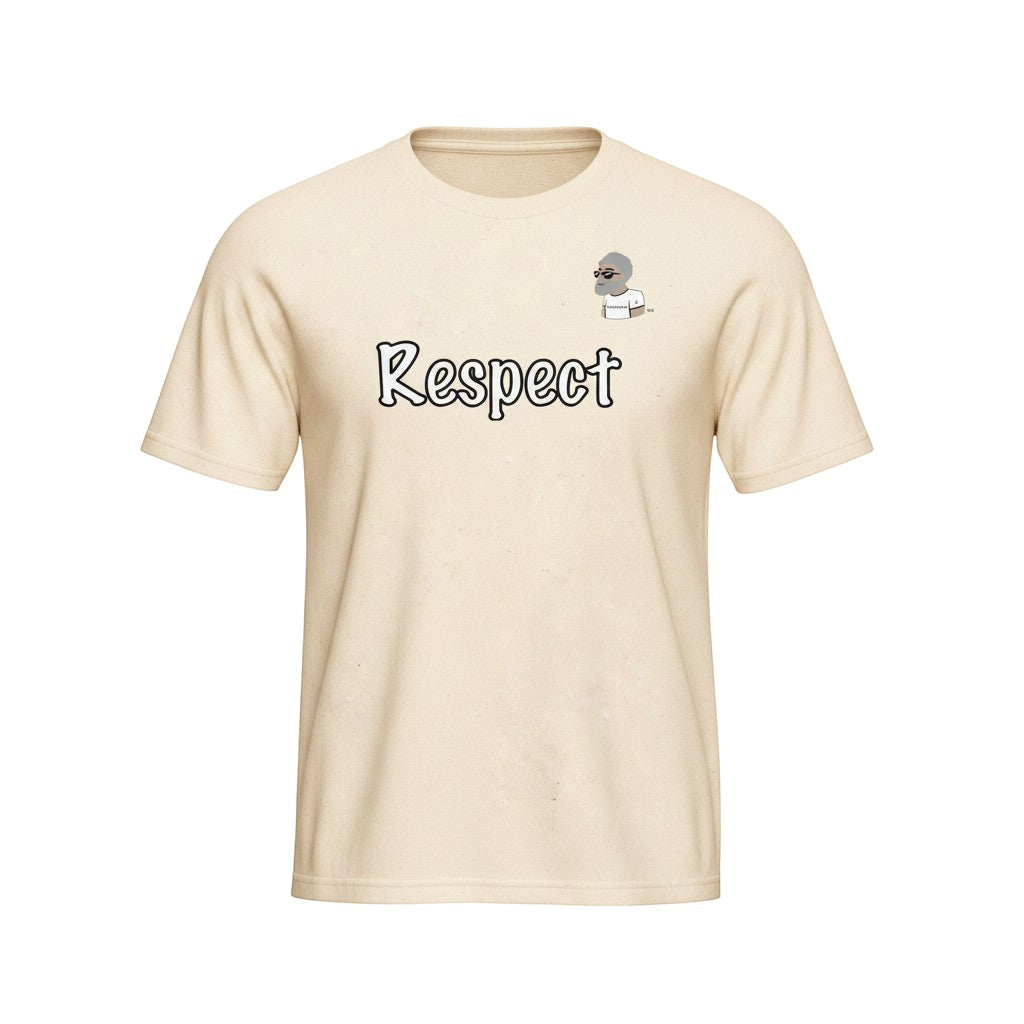 Big Daddy Allen Productions cream cotton graphic t-shirt with "Respect" text and a small BDA logo graphic.