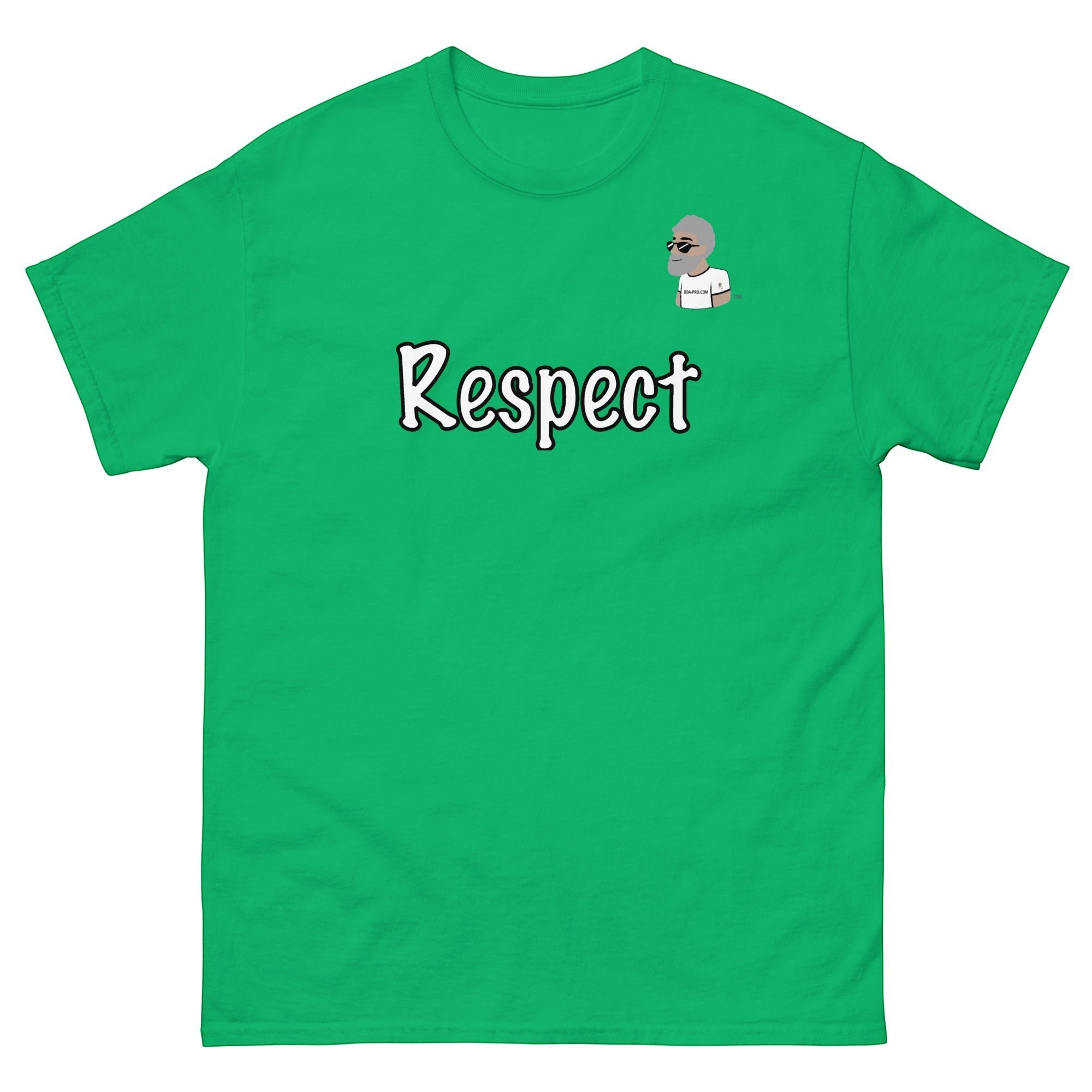 Big Daddy Allen Productions green cotton t-shirt with "Respect" graphic and BDA logo. Relaxed fit, casual wear.