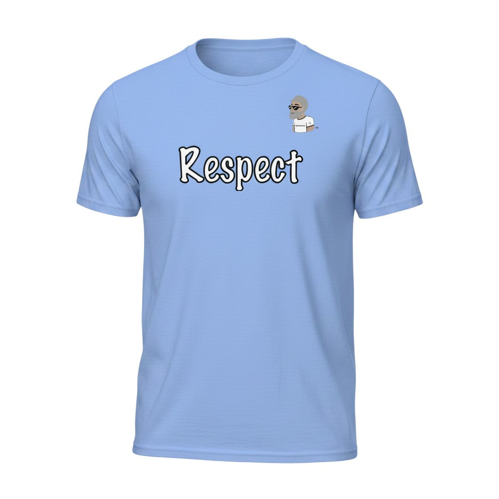 Big Daddy Allen Productions light blue cotton t-shirt with "Respect" graphic and BDA logo on chest. Relaxed fit.