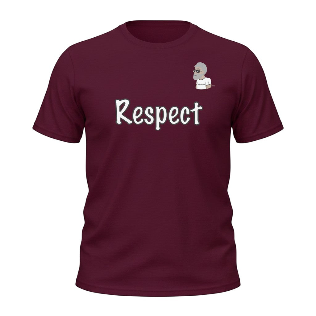 Big Daddy Allen Productions maroon 100% cotton unisex graphic t-shirt with "Respect" text and  the BDA logo.