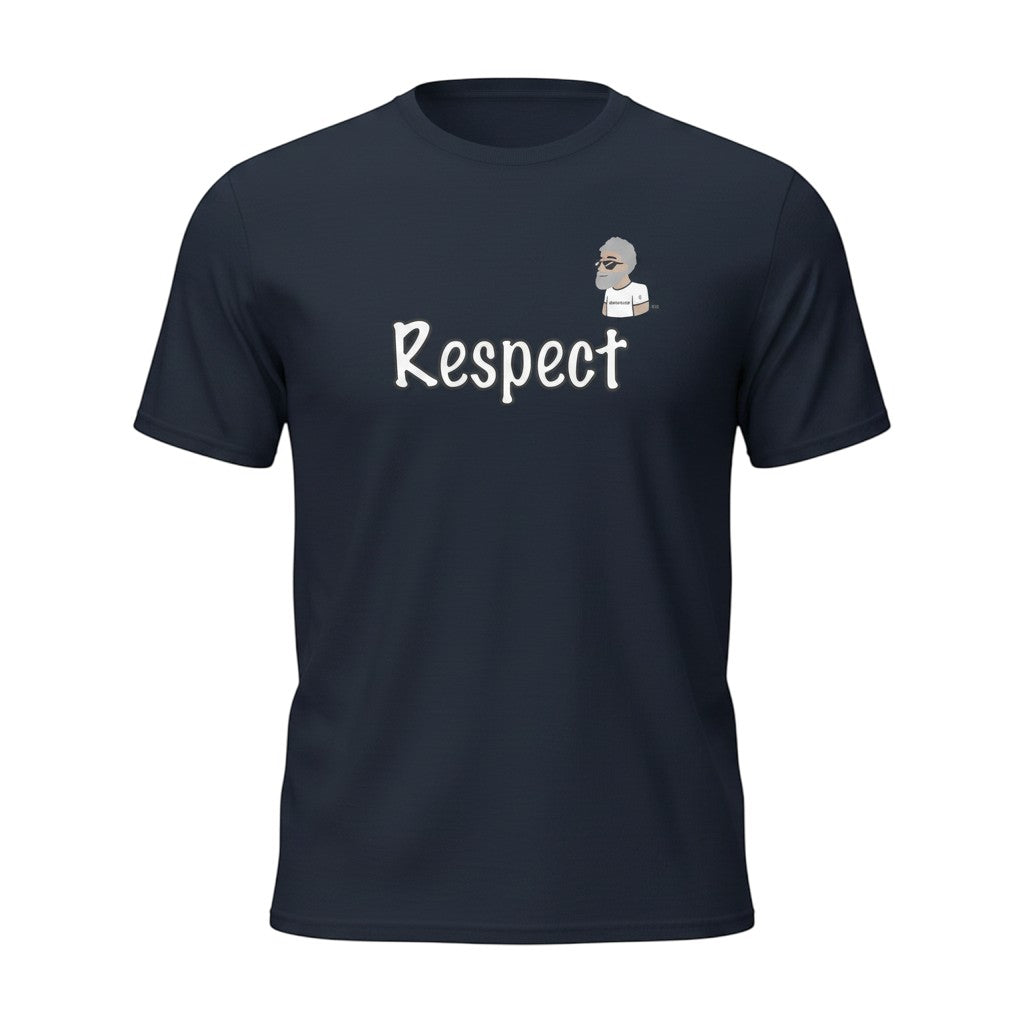 Big Daddy Allen Productions navy blue 100% cotton unisex t-shirt with white "Respect" text and  the BDA logo.