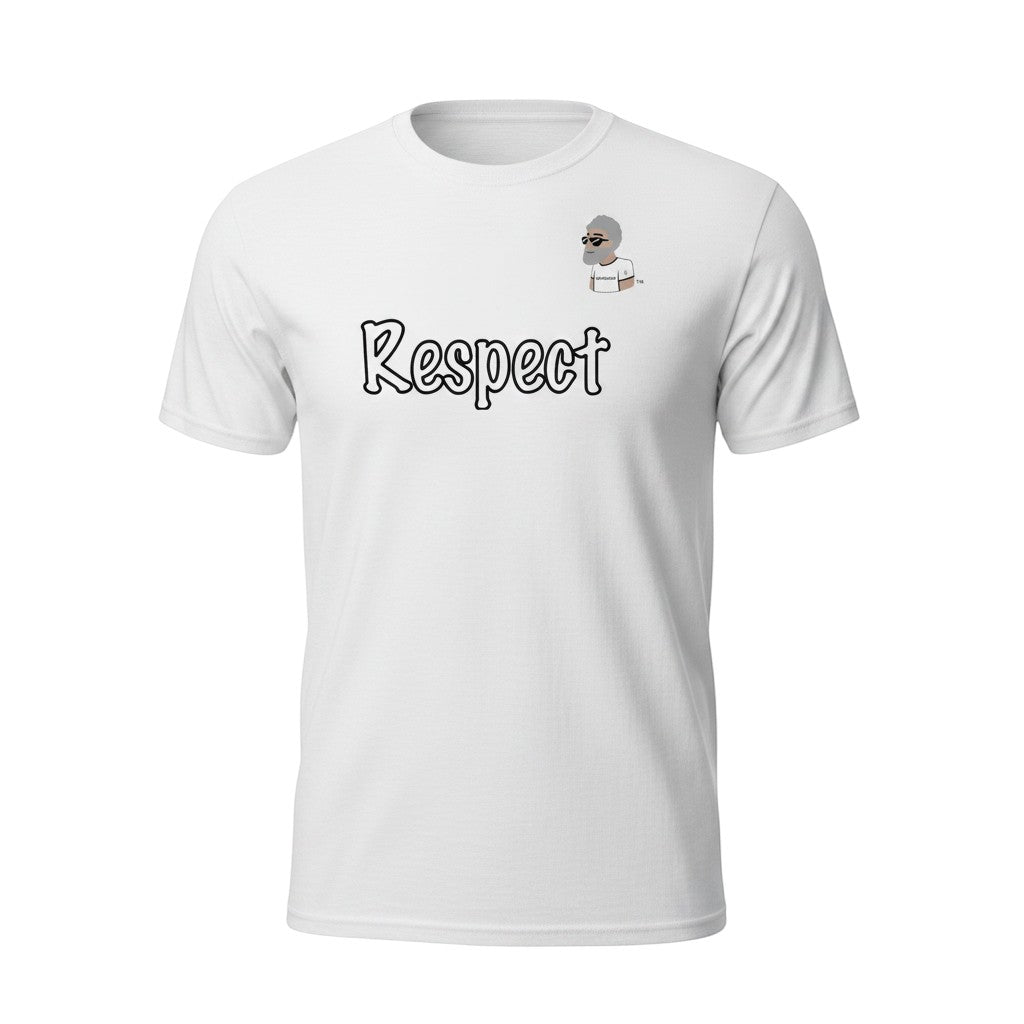 Big Daddy Allen Productions white 100% cotton unisex graphic t-shirt with  "Respect" text and  the BDA logo.