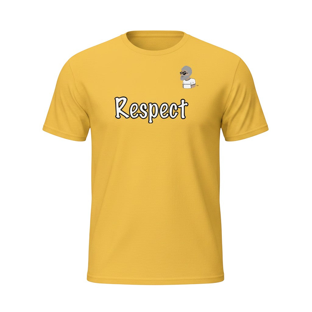 Big Daddy Allen Productions yellow 100% cotton unisex graphic t-shirt with  "Respect" text and  the BDA logo.