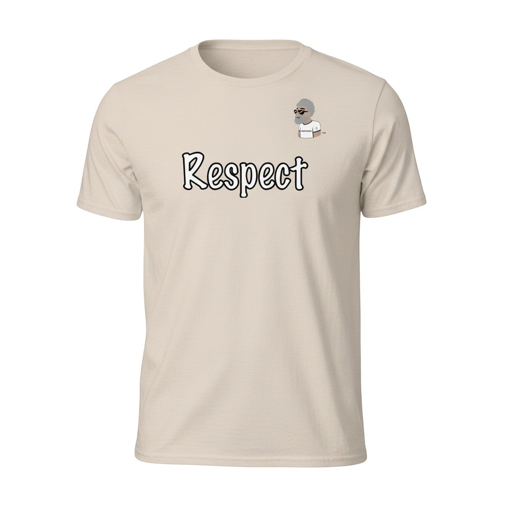 Big Daddy Allen Productions beige 100% cotton unisex graphic t-shirt with  "Respect" text and  the BDA logo.