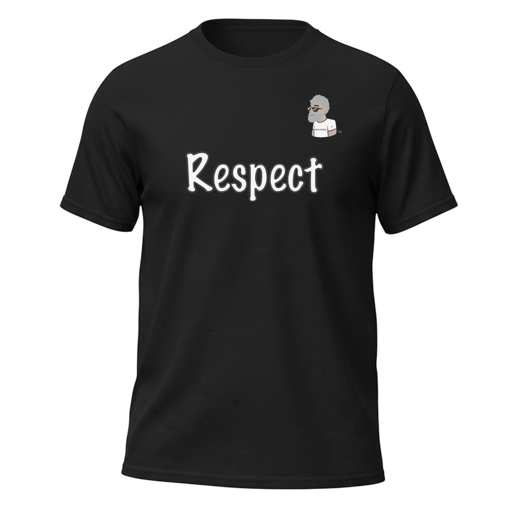 Big Daddy Allen Productions black 100% cotton unisex t-shirt with white "Respect" text and  the BDA logo.