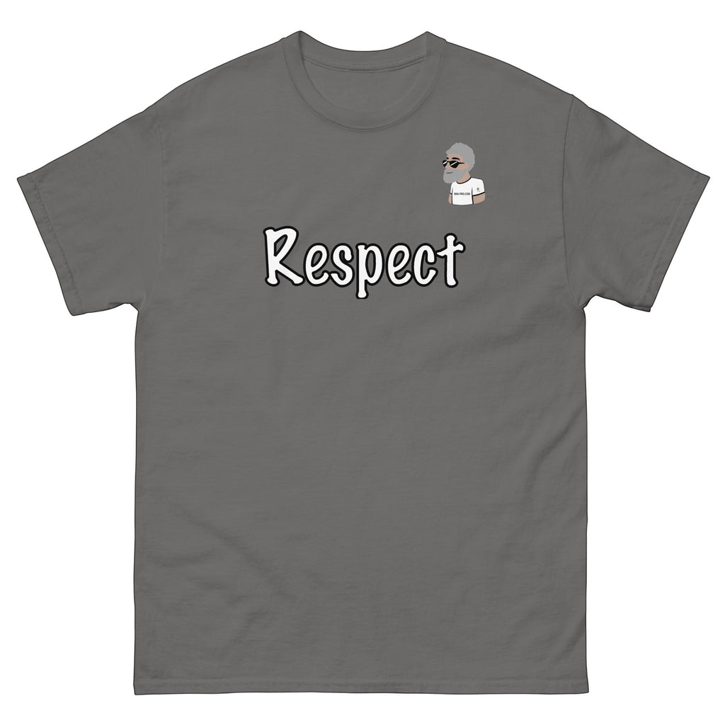 Big Daddy Allen Productions grey cotton t-shirt with  "Respect" text and  the BDA logo.