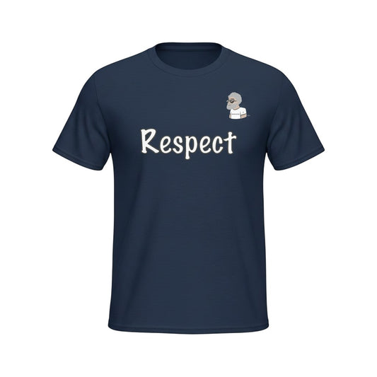 Big Daddy Allen Productions navy blue cotton t-shirt with white "Respect" graphic and small cartoon character on chest.