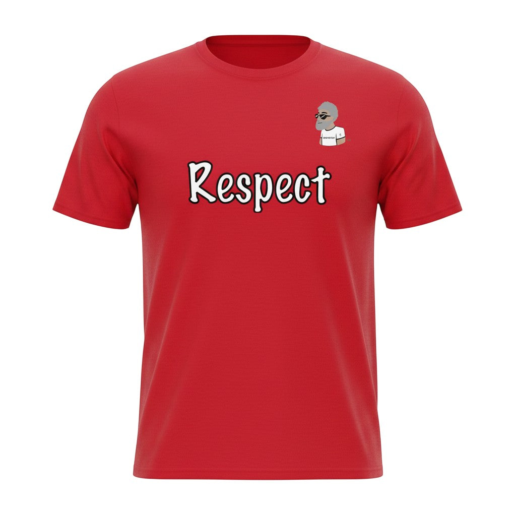 Big Daddy Allen Productions red 100% cotton unisex graphic t-shirt with  "Respect" text and  the BDA logo.
