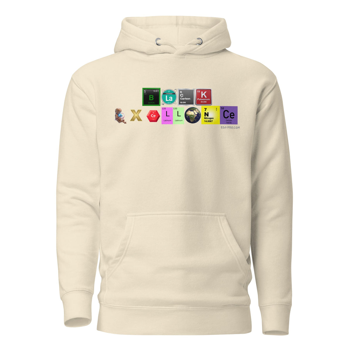 Big Daddy Allen Productions sand pullover hoodie with periodic table inspired Excellence graphic on the chest
