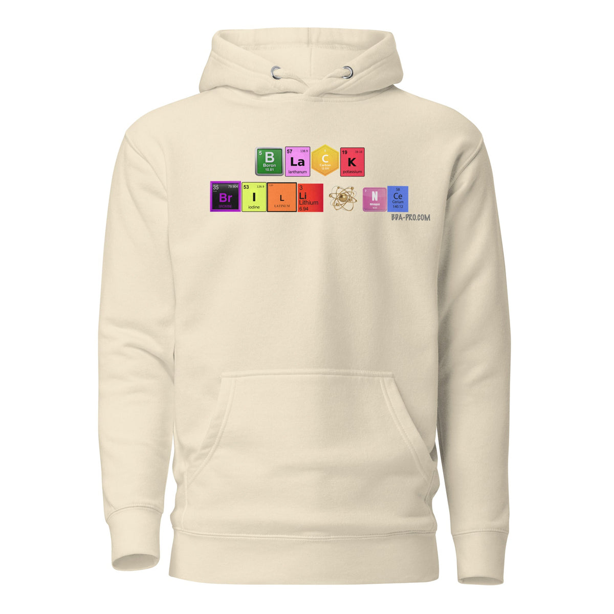 Big Daddy Allen Productions sand-colored unisex pullover hoodie with a periodic table graphic spelling Black Brilliance