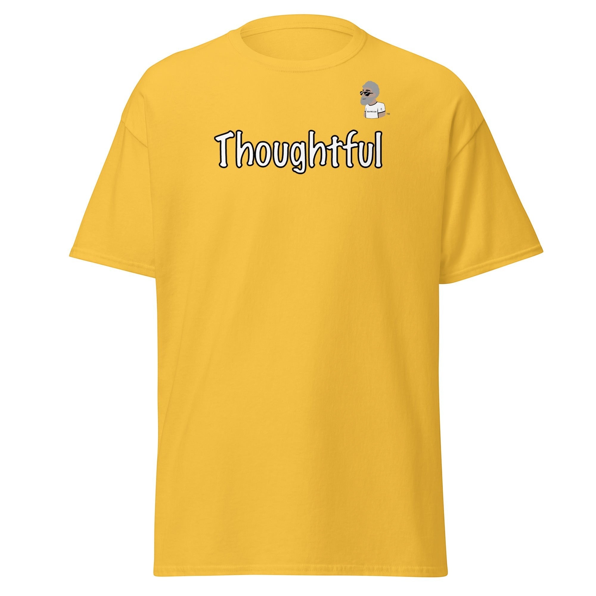 Big Daddy Allen Productions yellow cotton t-shirt with "Thoughtful" graphic and BDA logo.