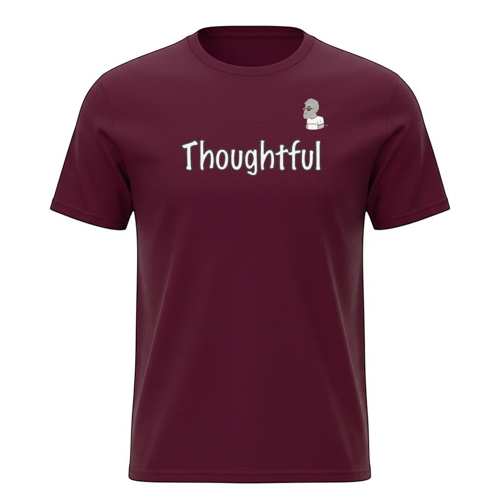 Big Daddy Allen Productions maroon 100% cotton unisex t-shirt with "Thoughtful" graphic the BDA logo.