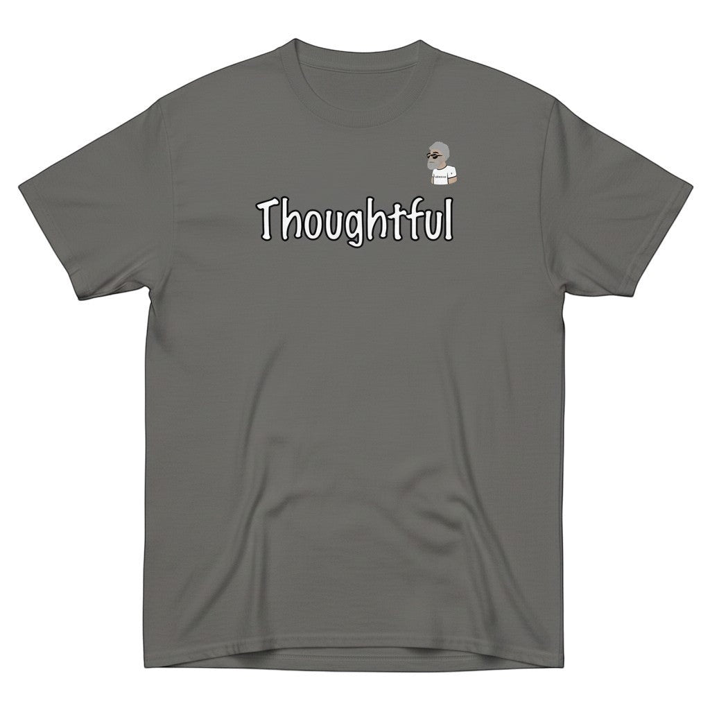 Big Daddy Allen Productions grey 100% cotton unisex t-shirt with "Thoughtful" graphic and small cartoon character.