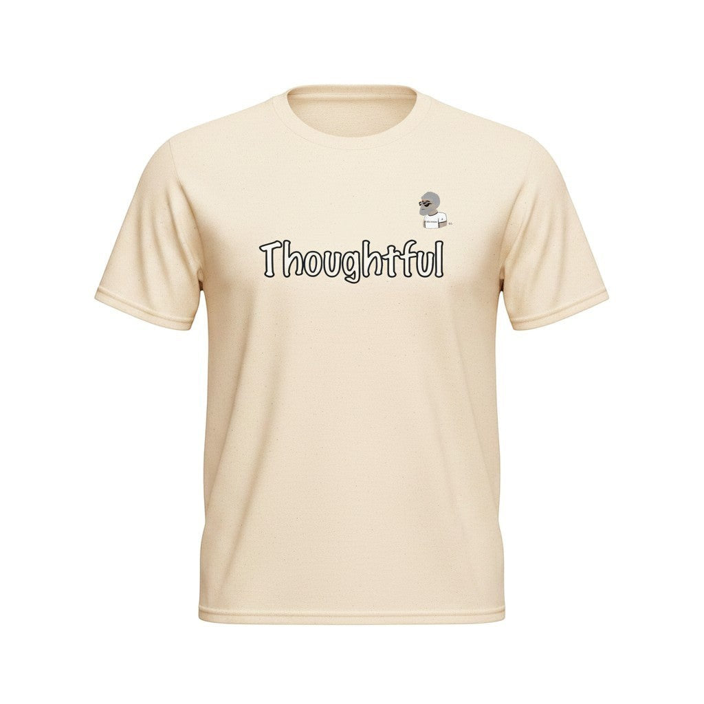 Big Daddy Allen Productions cream cotton graphic t-shirt with the word "Thoughtful" and a small character graphic.