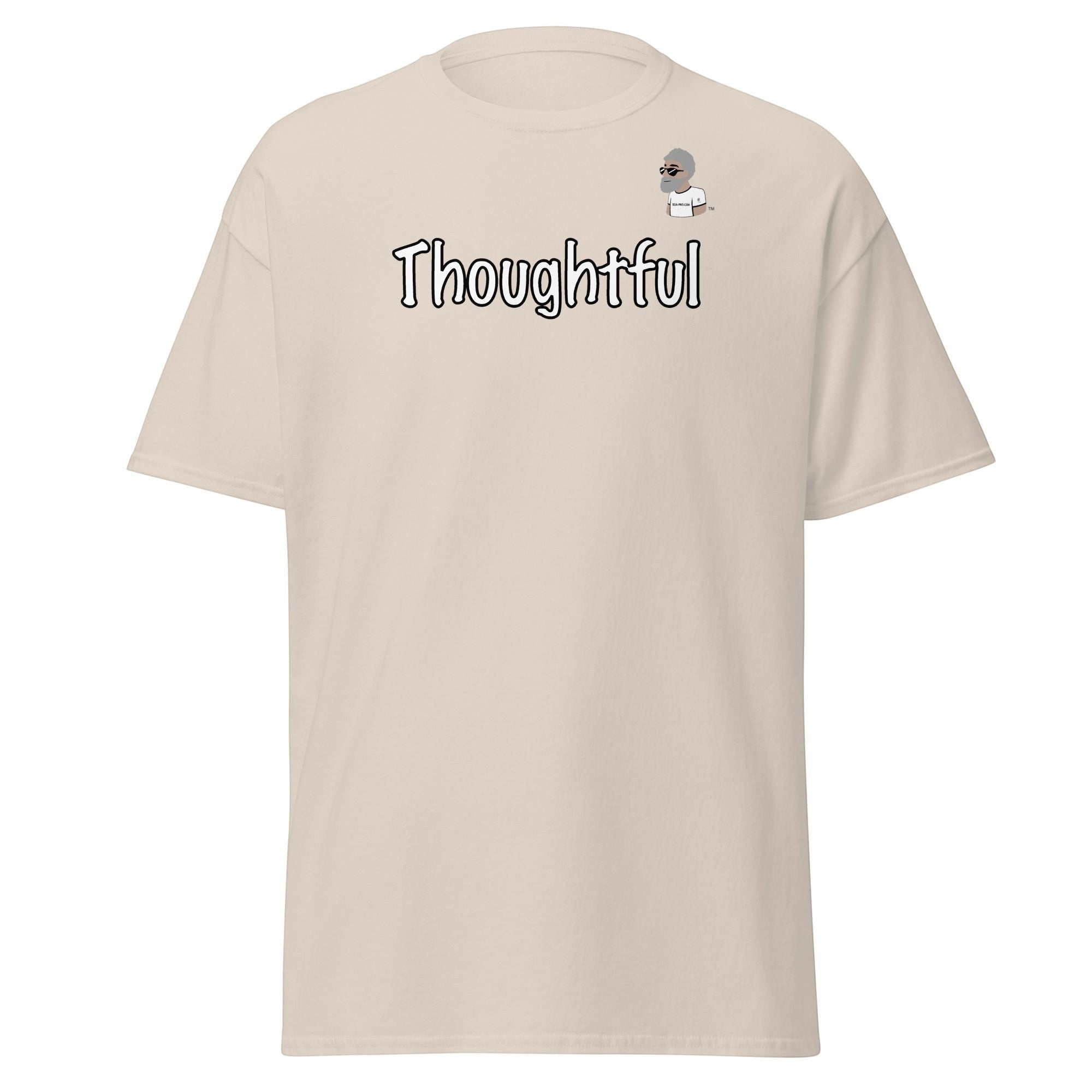 Big Daddy Allen Productions beige cotton graphic t-shirt with the word "Thoughtful" in a handwritten font and BDA logo.