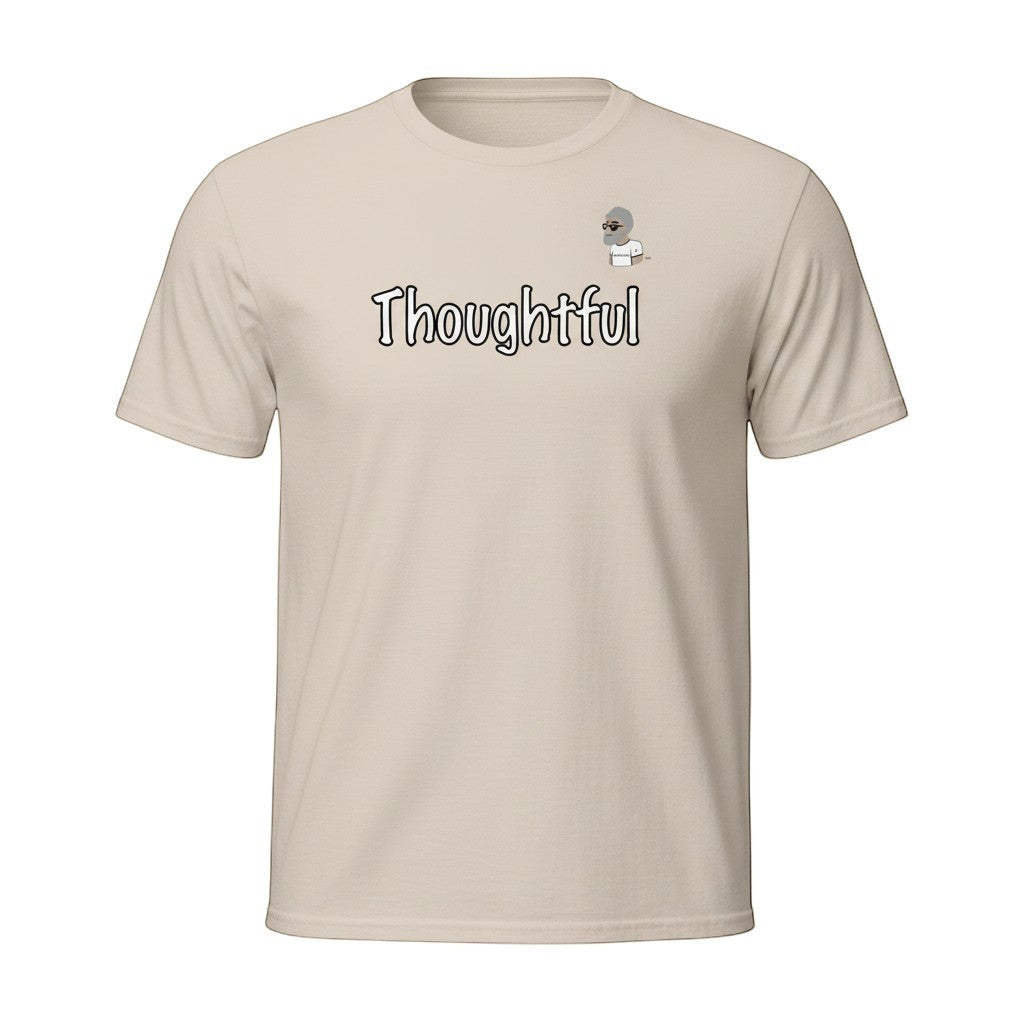 Big Daddy Allen Productions beige 100% cotton unisex t-shirt with "Thoughtful" graphic the BDA logo.
