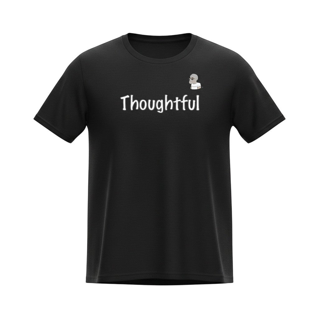 Big Daddy Allen Productions black cotton t-shirt with "Thoughtful" graphic and BDA logo.
