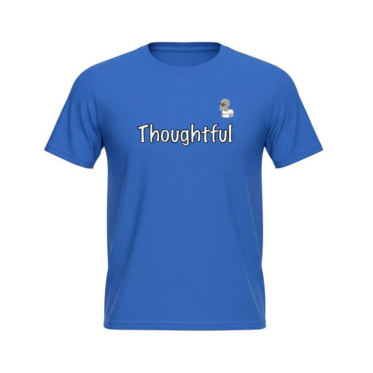 Big Daddy Allen Productions blue cotton t-shirt with "Thoughtful" graphic and BDA logo. Kids' graphic tee.