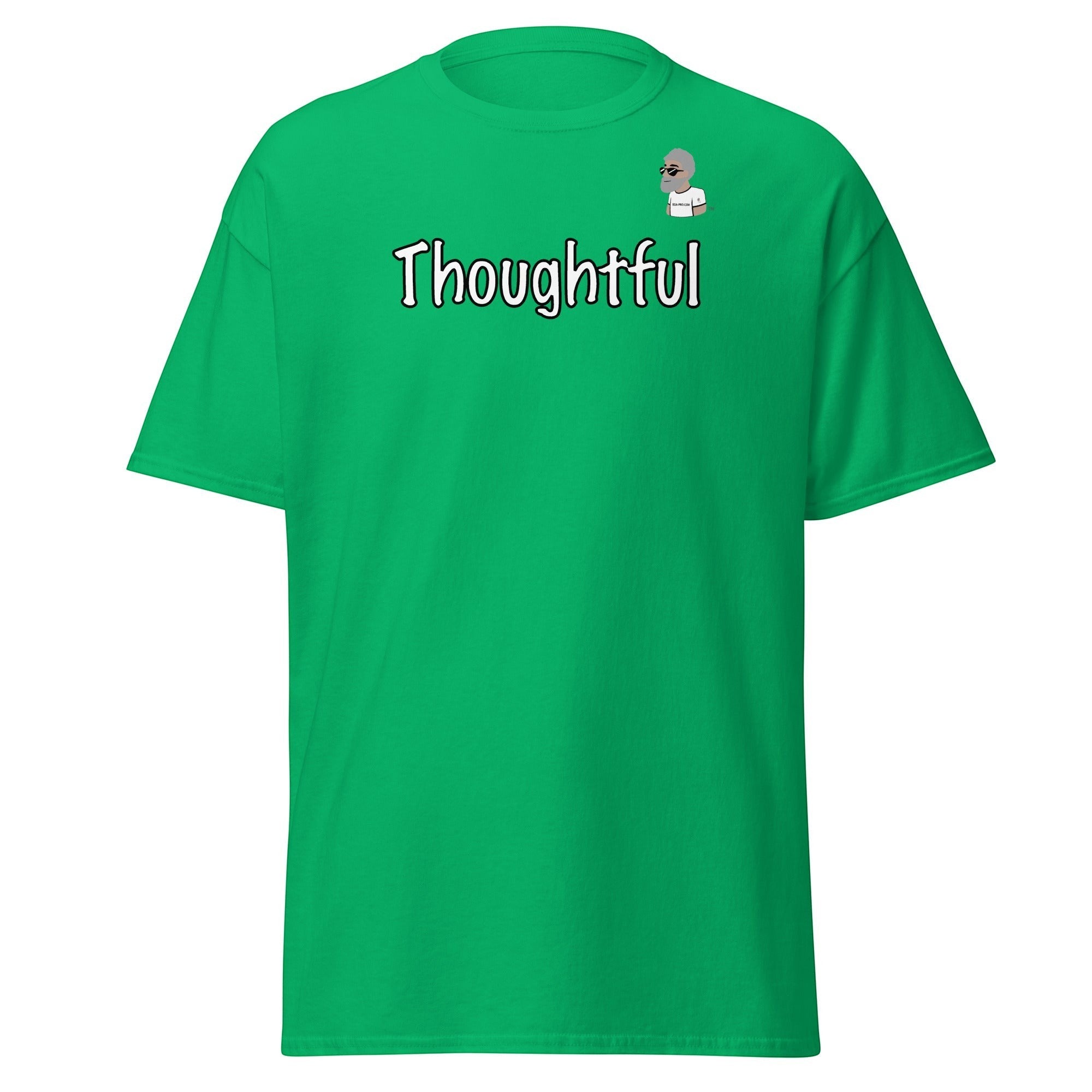 Big Daddy Allen Productions green cotton t-shirt with "Thoughtful" graphic and BDA logo.
