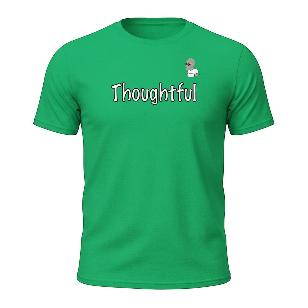 Big Daddy Allen Productions green 100% cotton unisex t-shirt with "Thoughtful" graphic and cartoon character.