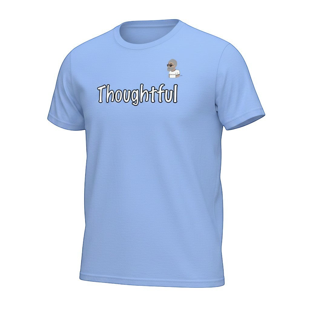 Big Daddy Allen Productions light blue 100% cotton unisex t-shirt with "Thoughtful" graphic the BDA logo.