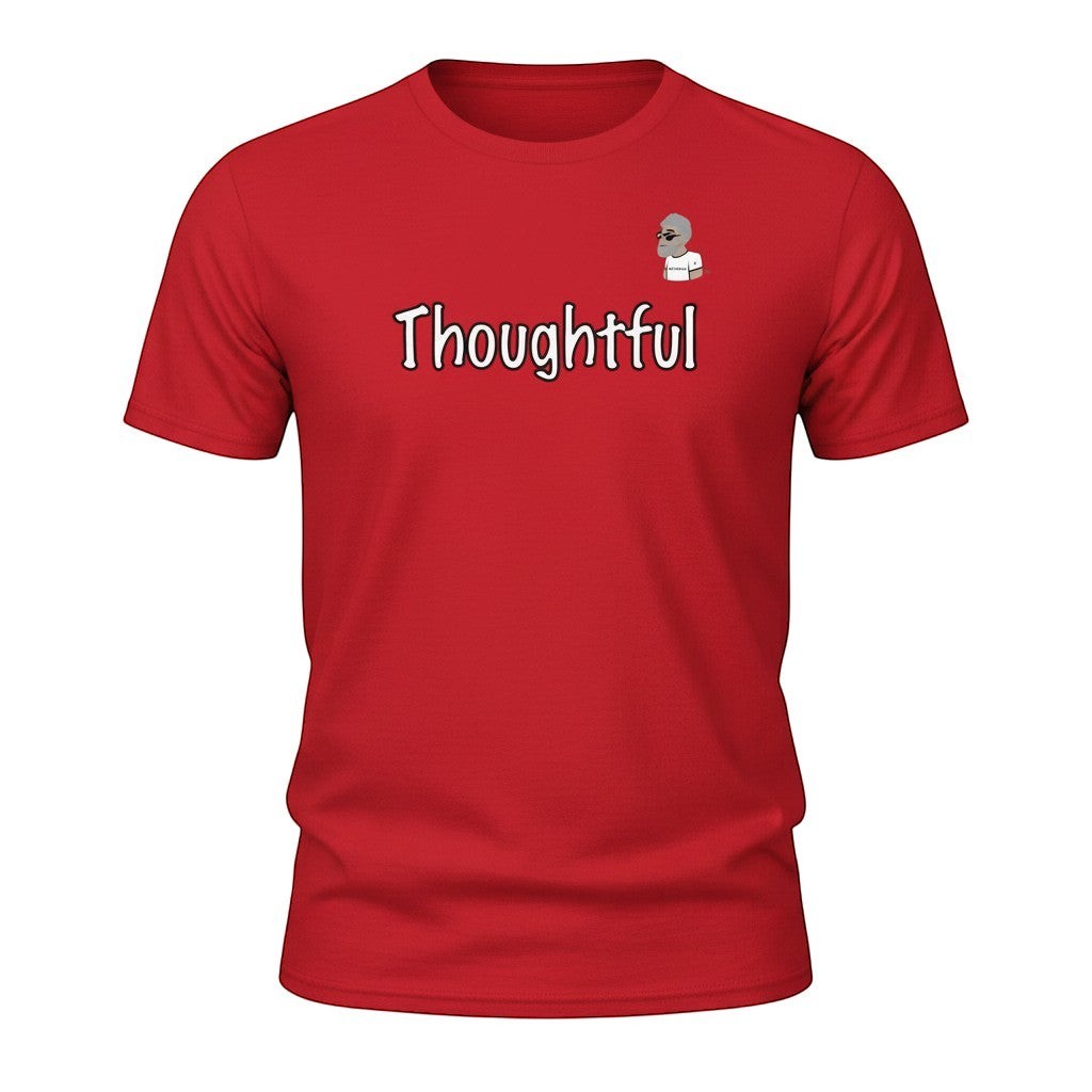 Big Daddy Allen Productions red 100% cotton unisex t-shirt with "Thoughtful" graphic the BDA logo.