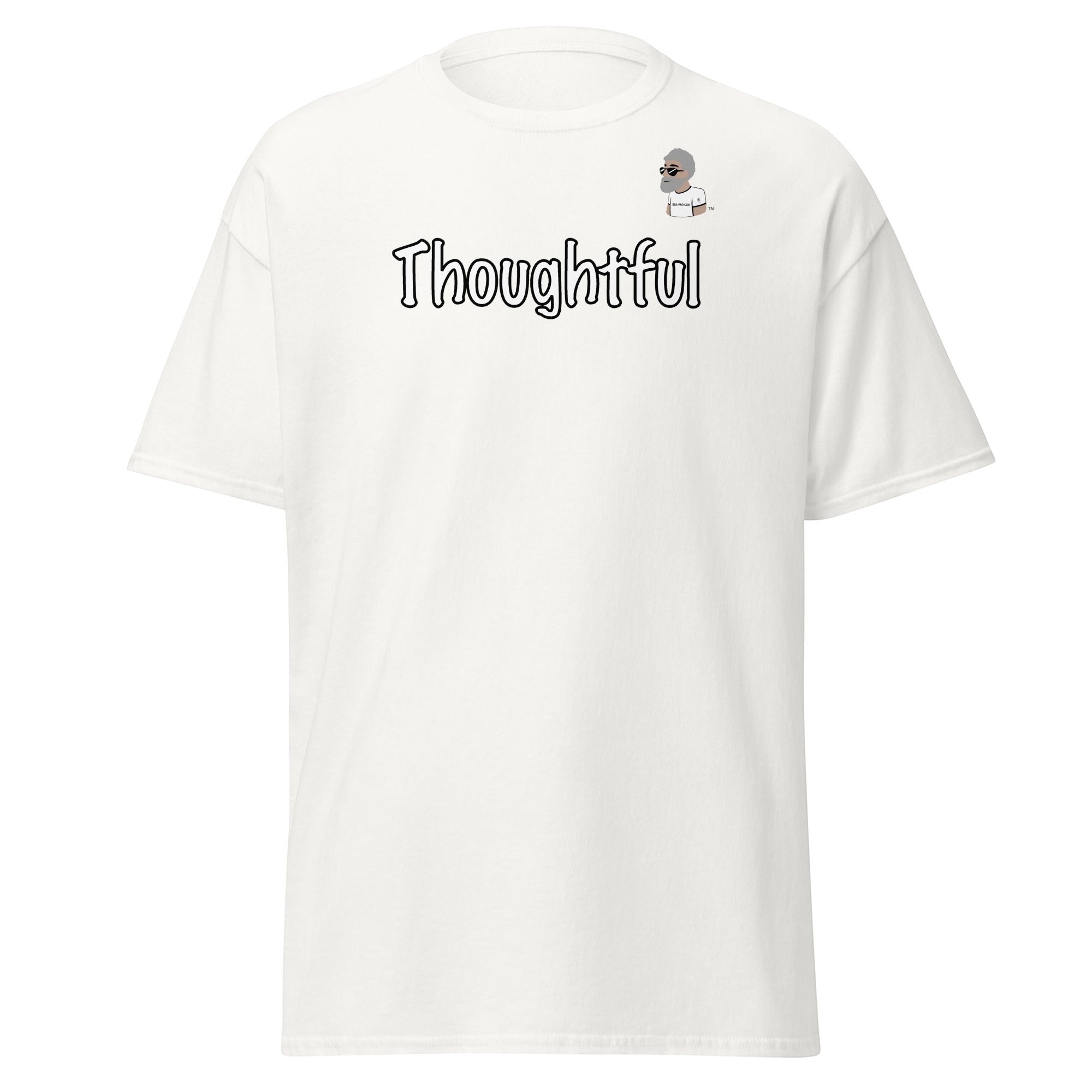 Big Daddy Allen Productions white cotton t-shirt with "Thoughtful" graphic and BDA logo.