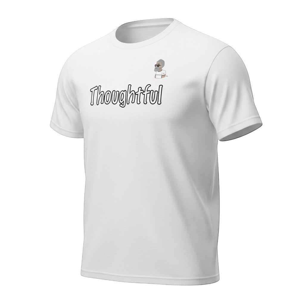 Big Daddy Allen Productions white 100% cotton unisex t-shirt with "Thoughtful" graphic the BDA logo.