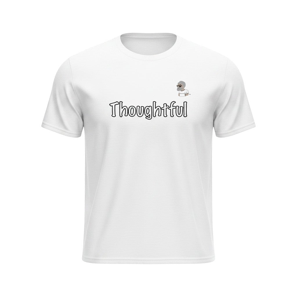 Big Daddy Allen Productions white cotton t-shirt with "Thoughtful" graphic and BDA logo.