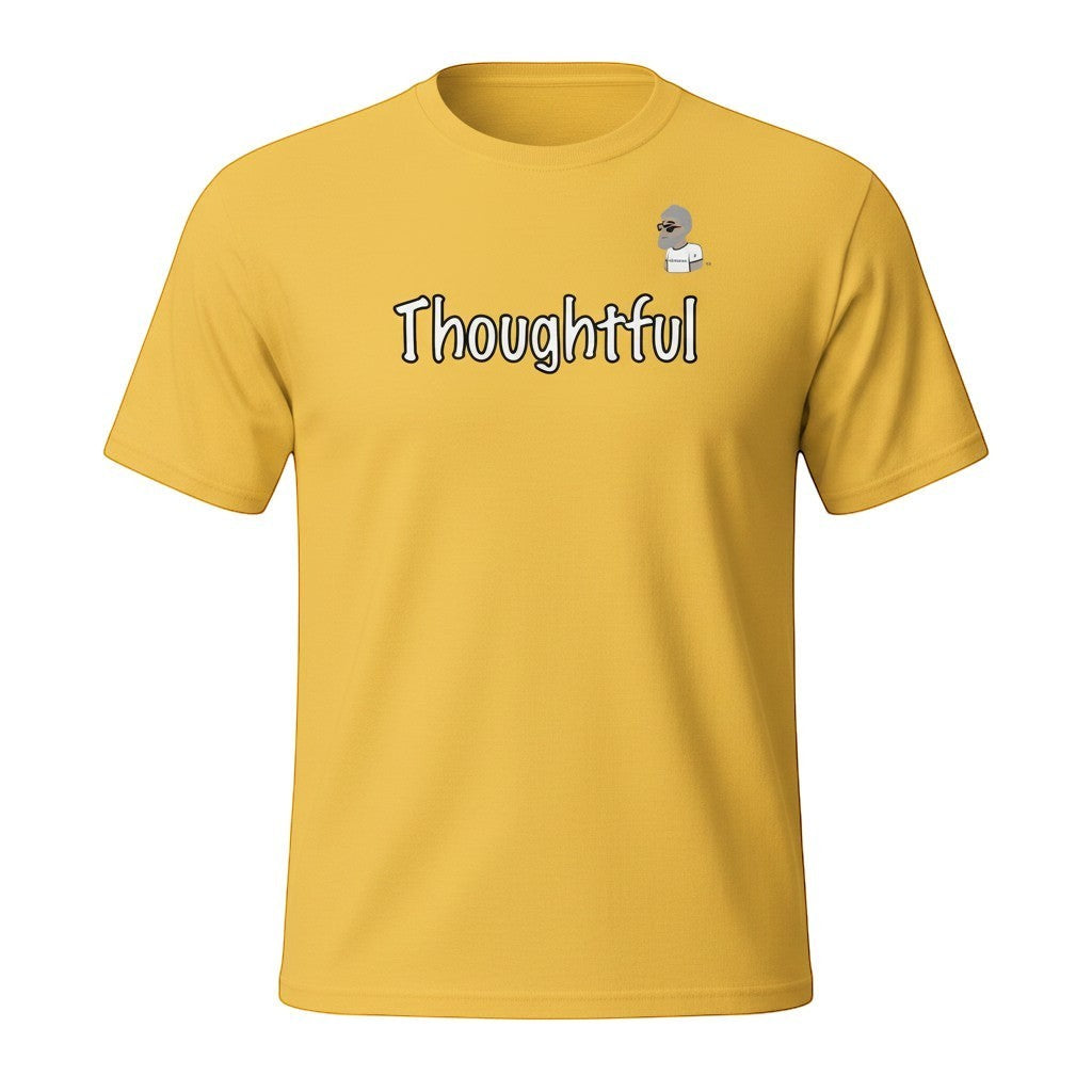 Big Daddy Allen Productions yellow 100% cotton unisex t-shirt with "Thoughtful" graphic the BDA logo.