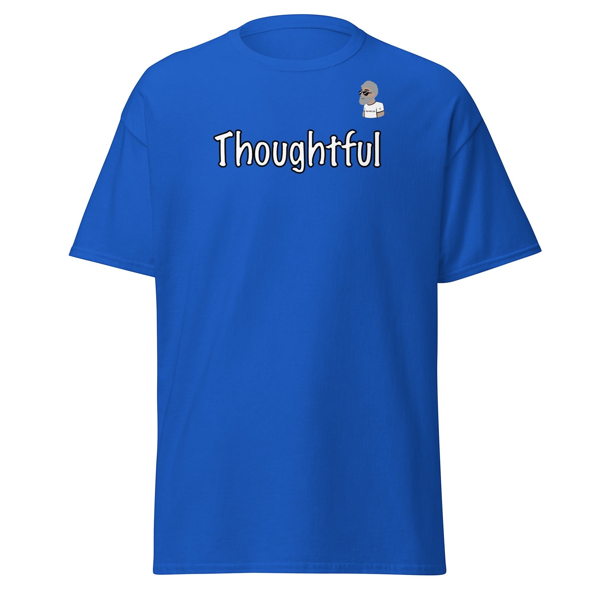 Big Daddy Allen Productions blue cotton t-shirt with "Thoughtful" graphic and BDA logo.