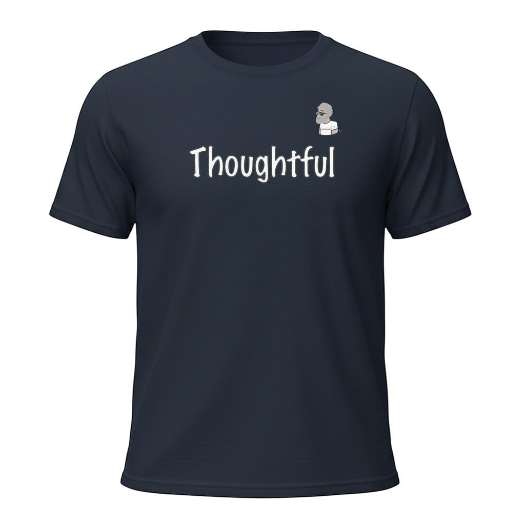 Big Daddy Allen Productions navy blue 100% cotton t-shirt with "Thoughtful" graphic and cartoon man.
