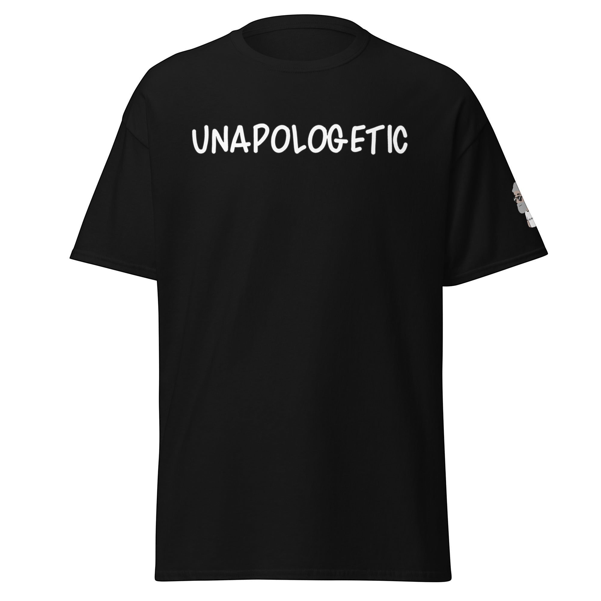 Big Daddy Allen Productions black graphic t-shirt with white UNAPOLOGETIC text on chest and sleeve detail.