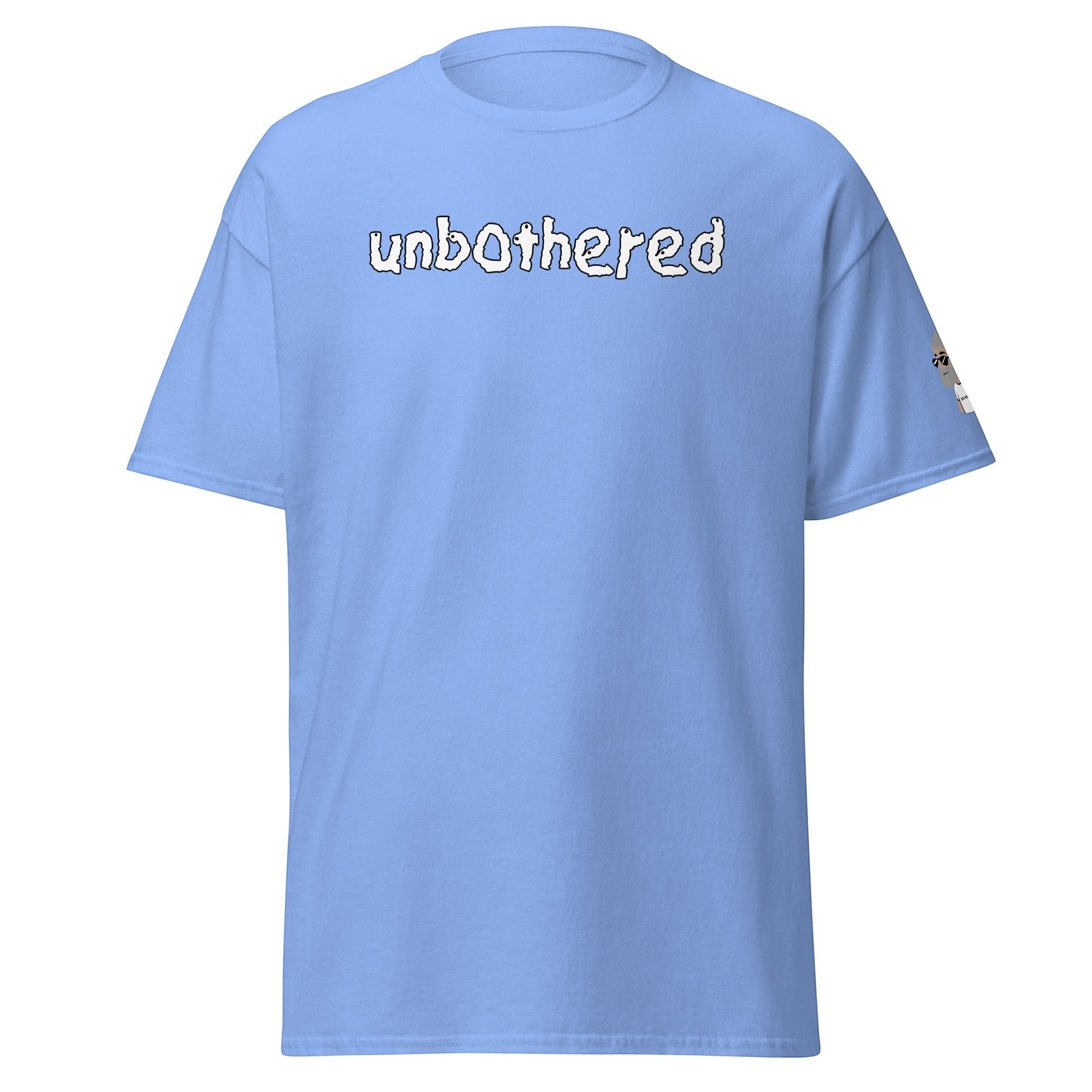 Big Daddy Allen Productions light blue graphic t-shirt with Unbothered text print and small sleeve detail