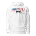 Big Daddy Allen Productions white pullover hoodie featuring a graphic of American slavery against a US flag background.