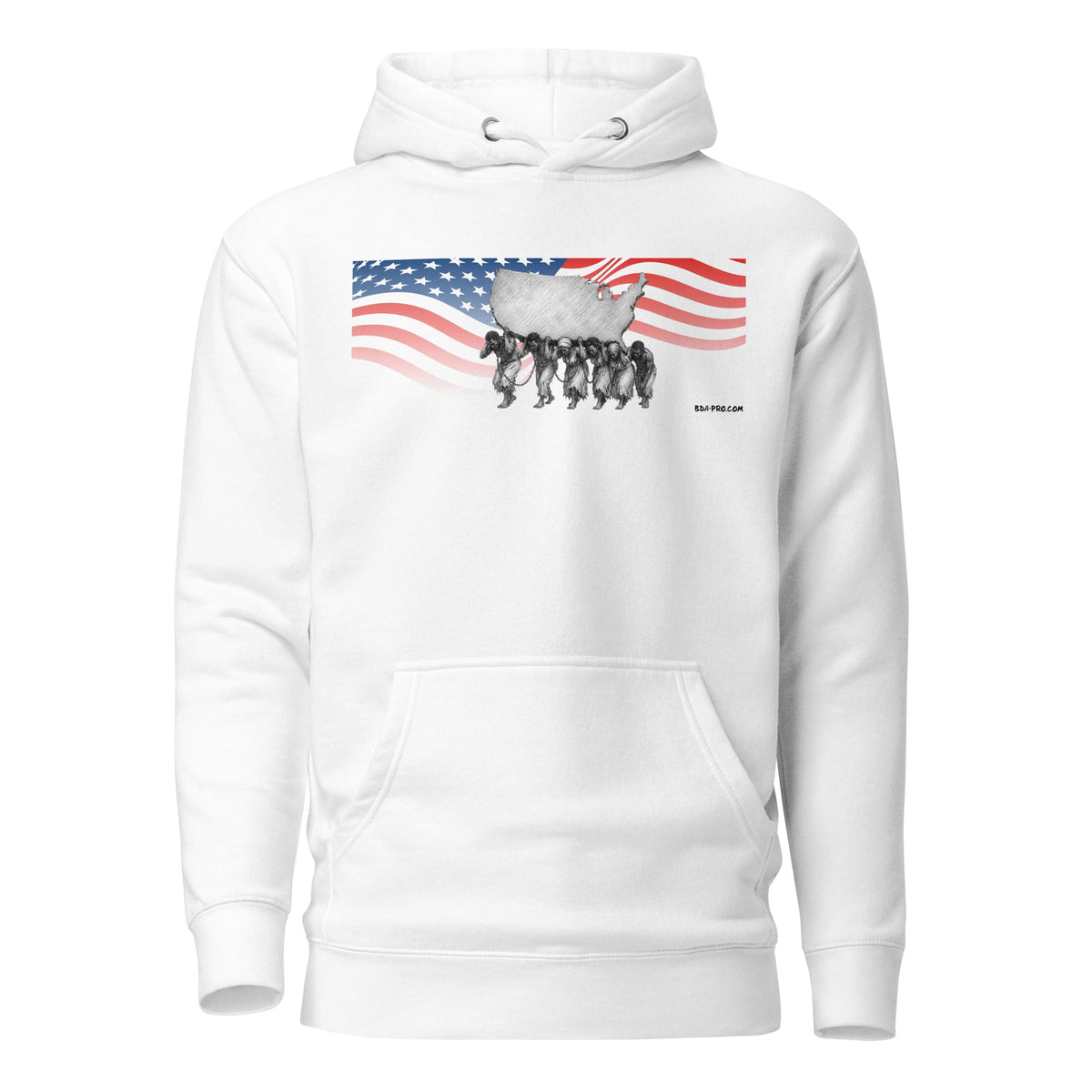 Big Daddy Allen Productions white pullover hoodie featuring a graphic of American slavery against a US flag background.
