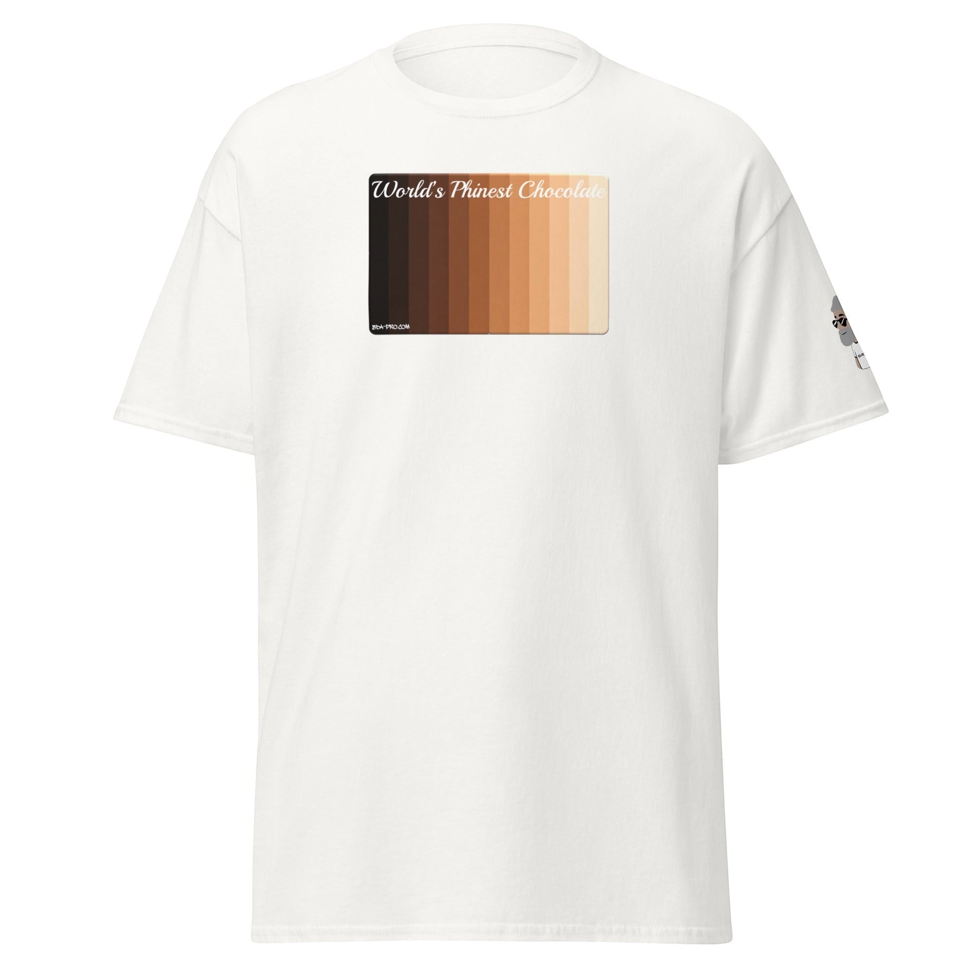 Big Daddy Allen Productions white crew neck t-shirt featuring a skin tone gradient graphic and World's Phinest Chocolate text