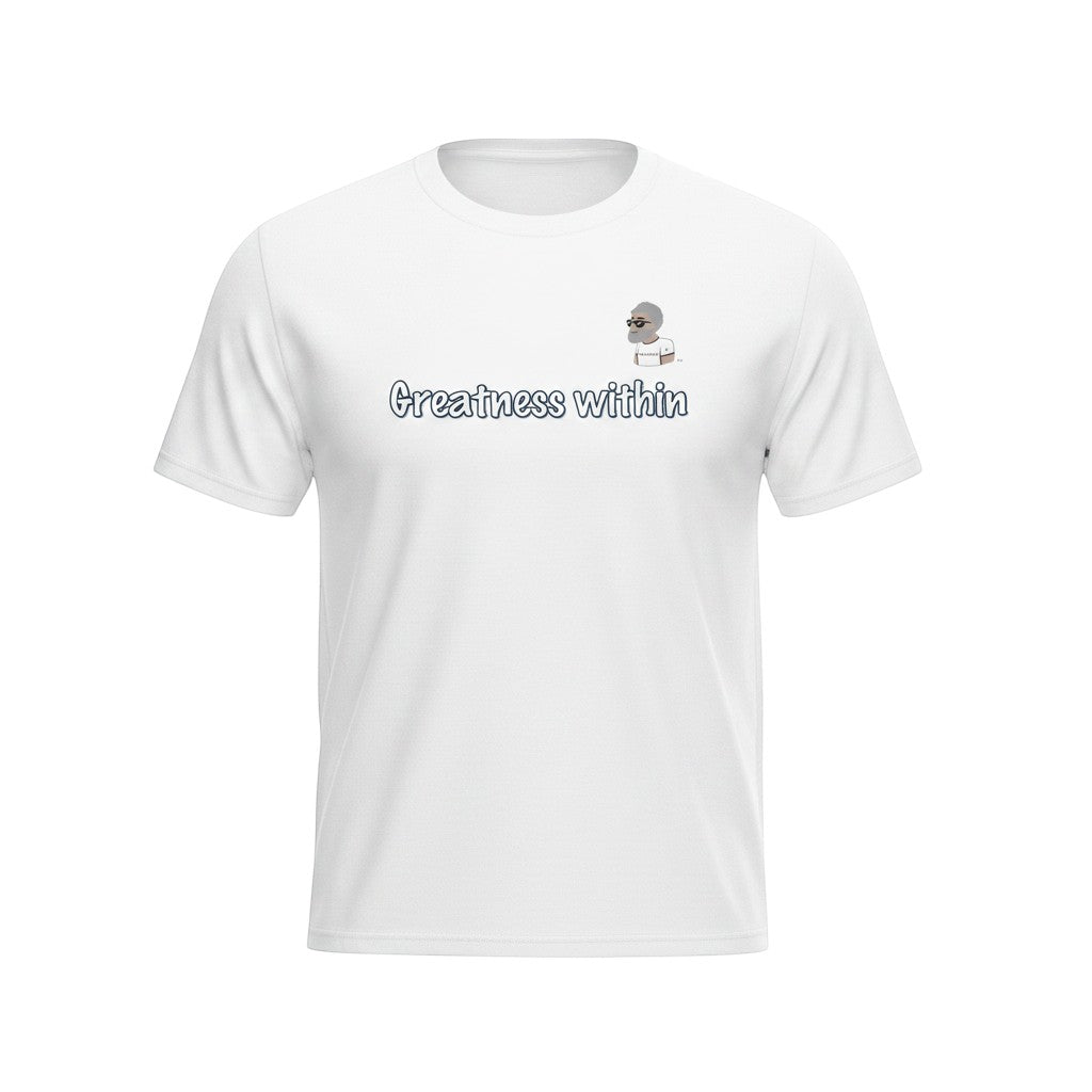 Big Daddy Allen Productions white 100% cotton kids t-shirt with "Greatness Within" graphic and BDA logo.