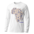 Big Daddy Allen Productions white long sleeve t-shirt with a blue scientific African continent graphic print