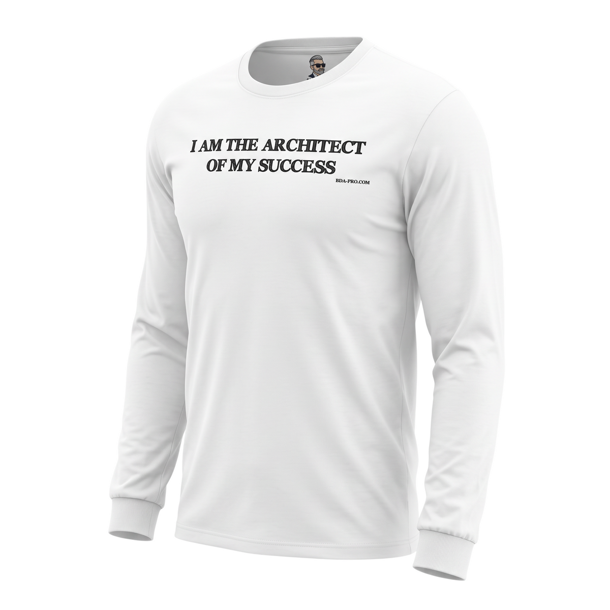 Big Daddy Allen Productions white long sleeve t-shirt with I AM THE ARCHITECT OF MY SUCCESS printed on the chest