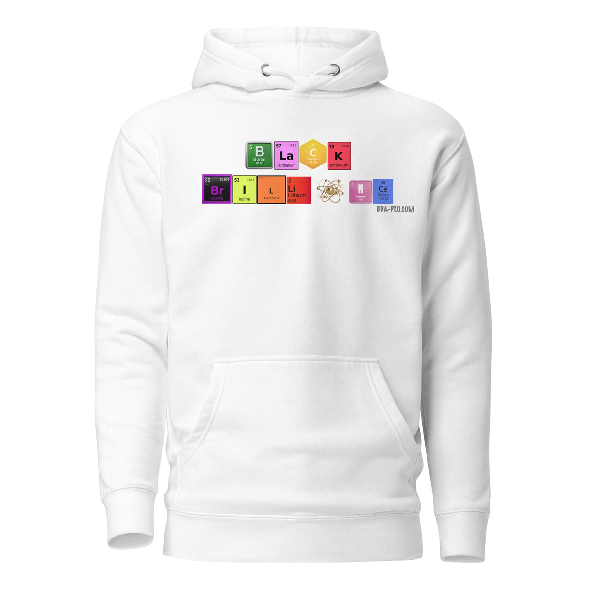 Big Daddy Allen Productions white pullover hoodie featuring a colorful periodic table graphic spelling Black Brilliance.