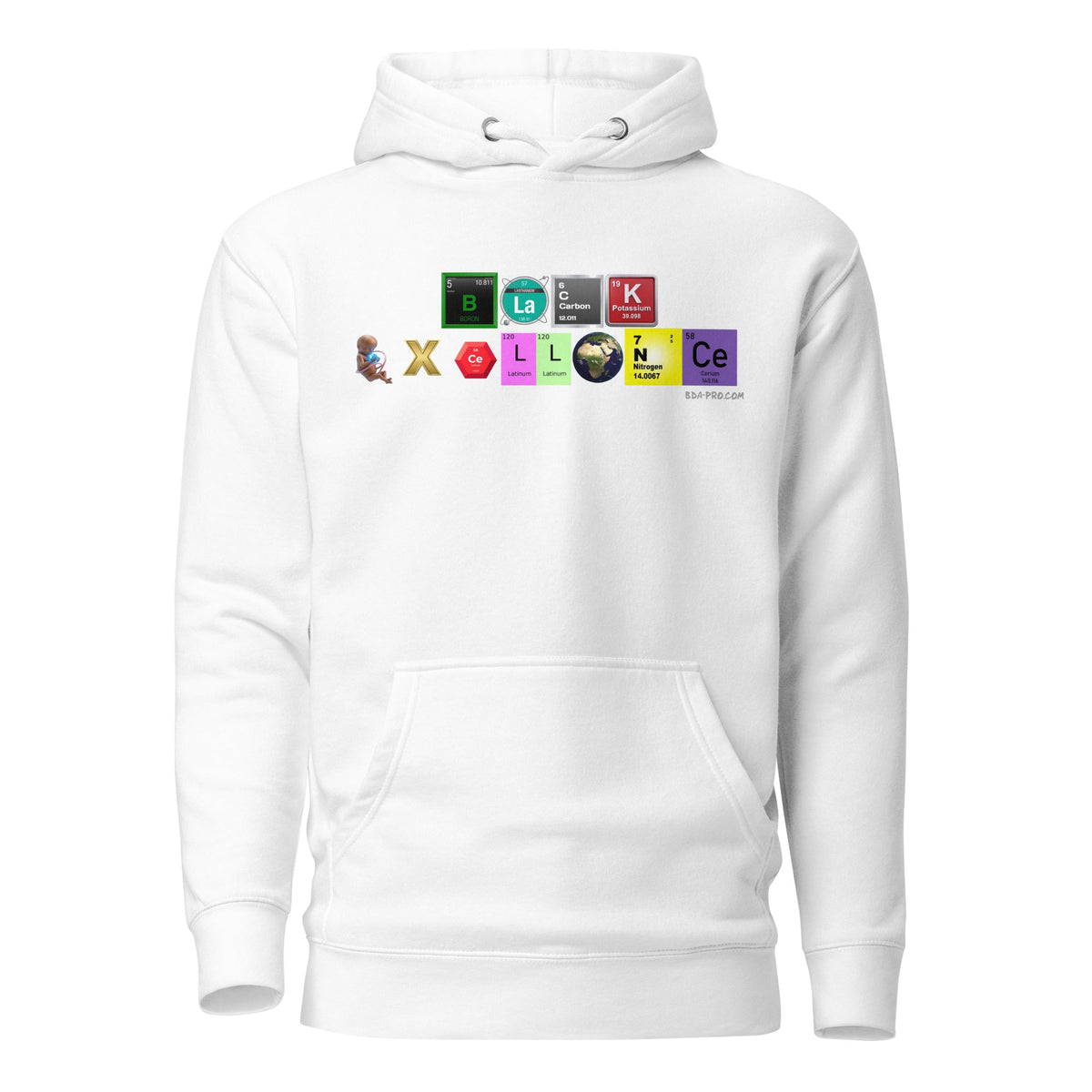 Big Daddy Allen Productions white pullover hoodie featuring a periodic table inspired Black Excellence graphic print.