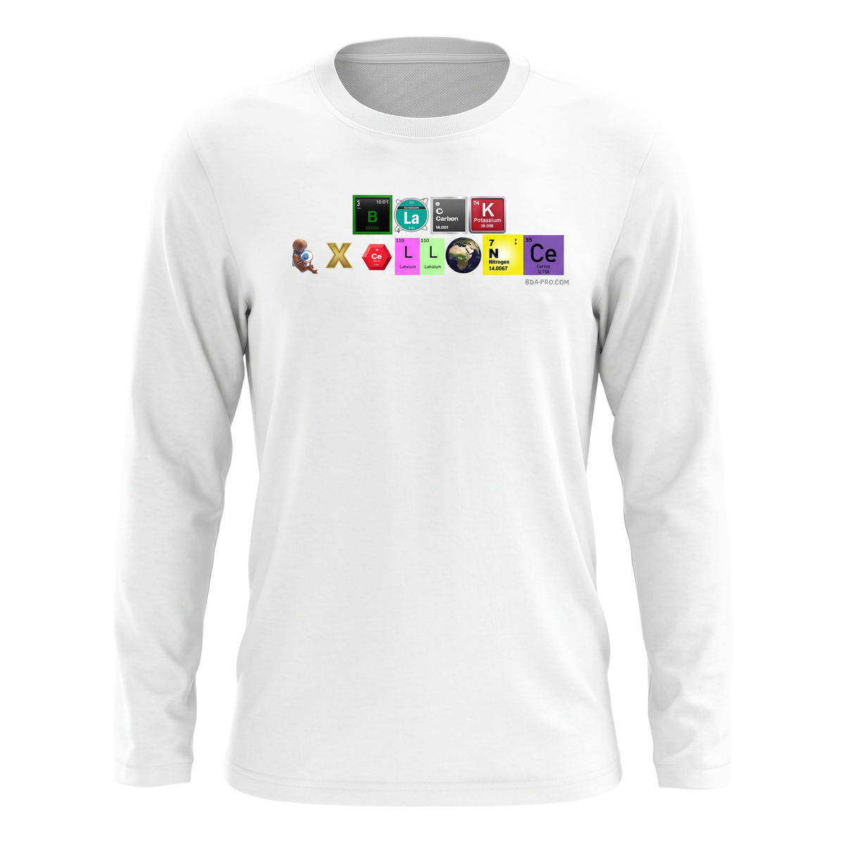 Big Daddy Allen Productions white long sleeve t-shirt featuring a periodic table graphic spelling Black Excellence.